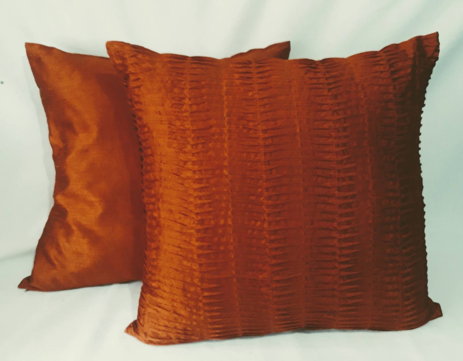 Burnt orange silk pillow. Orange pleated cushion cover. Etsy