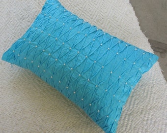 turquoise blue pintuck pillow, blue pleted silk pillow. lumbar pillow with white bead work.12x16 to 12x22 inches oblong pillow