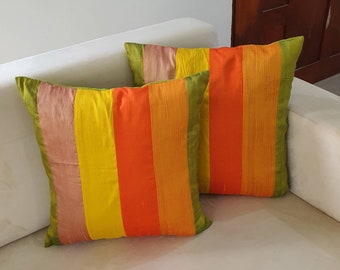 Orange, green ,yell dupioni silk panels pillow cover, decorative multi colour pillow, Colourful Spring decor.made to order.16 to 22 inches.