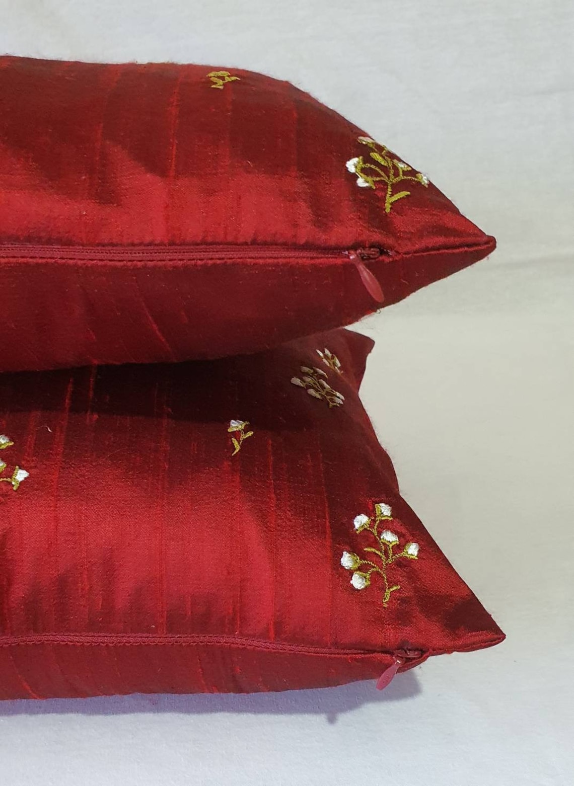 Deep Red Dupioni Silk Pillow Cover Floral Embroidered Cushion Etsy