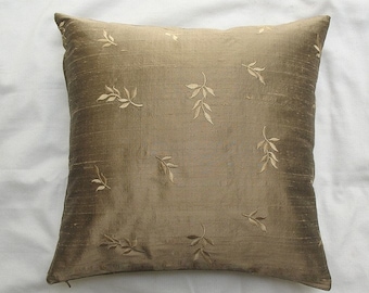 Taupe Silk cushion cover with leaf  embroidery.  peur  dupioni  silk  cushion  cover. Outtom pillow  16inch. Luxury silk pillow cover.