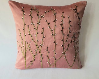 Onion  pink embroidery pillow,  pink dupioni silk cushion cover, floral decorative  pillow cover, Salmon pink  luxury silk pillow