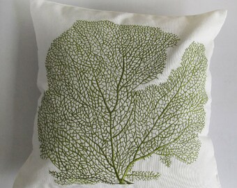 olive green coral fan pillow cover, sea themed pillow, embroidered coral fan on offwhite coastal inspired pillow. custom  made