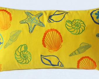 bright yellow sea themed pillow cover. decorative beach pillow.  color full sea life pillow. Notical inspired pillow cover    custom made