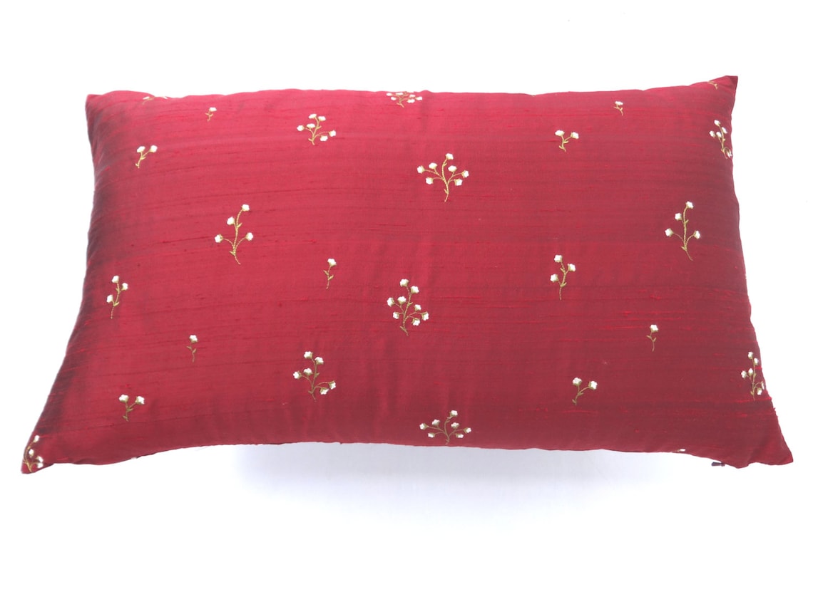 Deep Red Dupioni Silk Pillow Cover Floral Embroidered Cushion Etsy