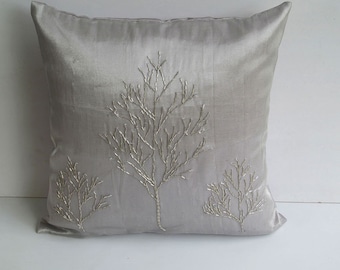 Tree pillow. silver decorative pillow cover with silver tree. Festive decor.  Christmas pillow. Custom made 16 x 16 and 18 x18 inches