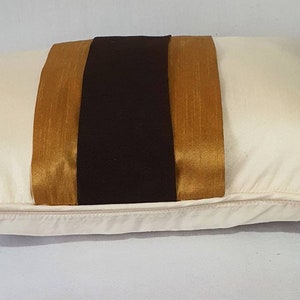 off white lumbar pillow with brown and mustard panels, silk colour block pillow cover cream oblong cushion. Custom made.12x16 to12 x24 inch image 2
