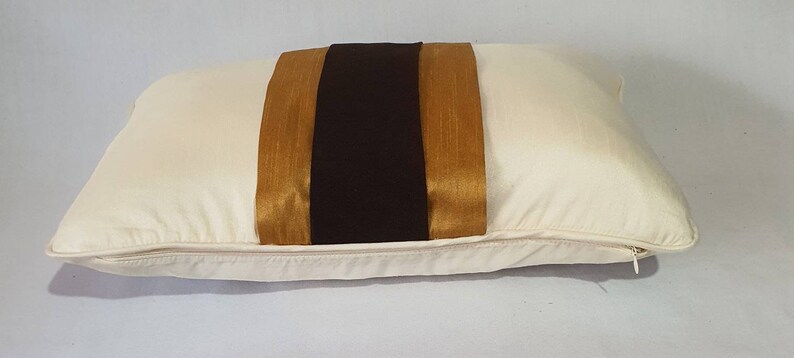 off white lumbar pillow with brown and mustard panels, silk colour block pillow cover cream oblong cushion. Custom made.12x16 to12 x24 inch image 2