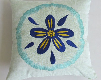 Sand dollar pillow . aqua and  cobalt blue costal  inspired pillow .  Sea theme  pillow. Decorative beach pillow. 18 inch  custom made