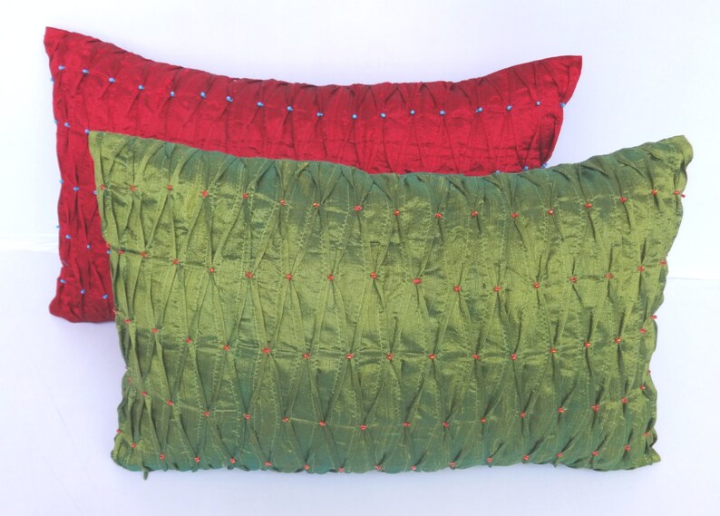 Bright Red silk oblong throw pillow with pintucks and Etsy