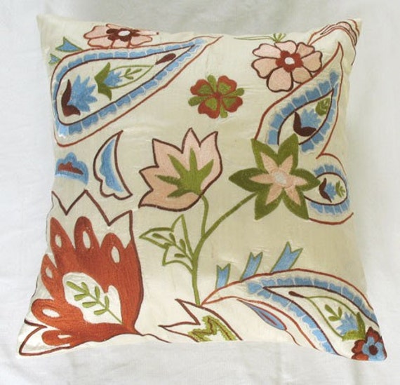Embroidered Cushion Cover Green - White Paisley Design Embroidered Cushion Cover Green - White Paisley Design