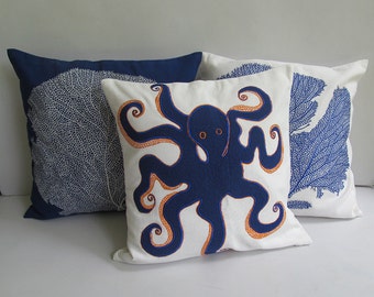 Octopus pillow, coastal pillow, beach house decor, nautical cushion. Sea theme cushion cover.  Cushion made