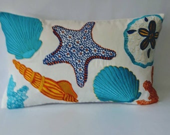 beach pillow, sea themed pillow,  coastal decor, beach house decor, sea life embroidered decorative cushion  cover Custom made.