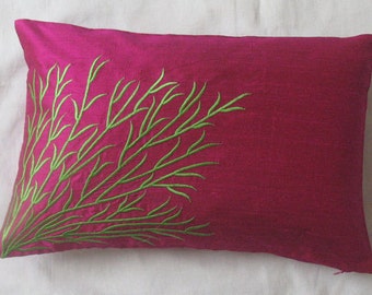 Clearance sale.  Fuchsia Pink dupioni silk pillow cover with Metallic lime green Coral  Embroidery.  12x18 inches silk beach pillow. 20% off