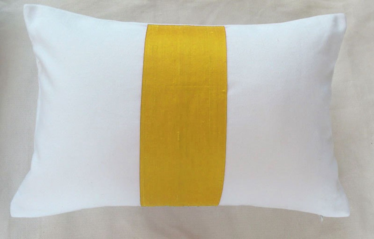 White and Yellow Oblong Pillow. Silk Center Band on Cotton. Etsy