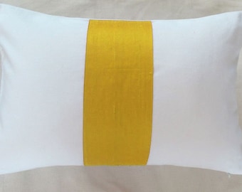 white and yellow oblong pillow. Silk center band on cotton pillow. Decorative cushion cover, Custom made color block pillow .12X16 to 12X22