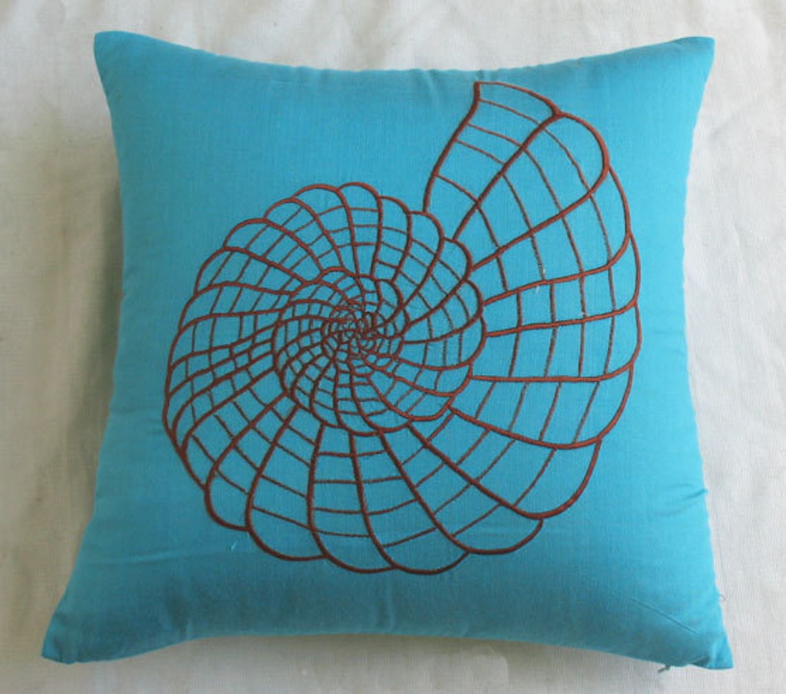 Turquoise Blue Nautical Throw Pillow With Brown Shell Etsy