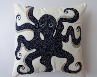 Navy octopus on off white pillow cover. Octopus nautical pillow cover octopus embroiderd with silver, orange aqua blue. 18 inch custom made.