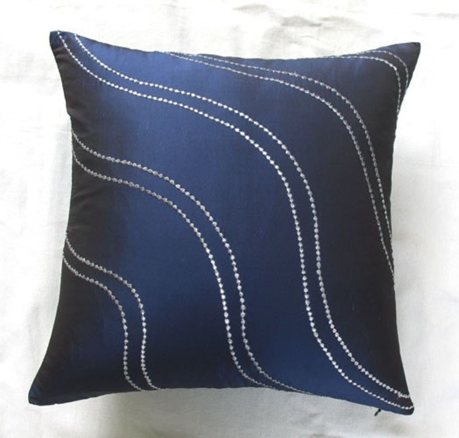 Midnight blue throw pillow w/ silver wave embroidery 18 inch Etsy