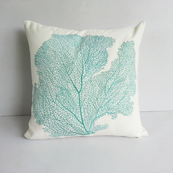 Aqua blue coral fan pillow coastal aqua blue coral fan pillow, coastal