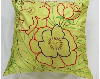 Yellow lime green cushion cover with floral embroidery  toss pillow 18X18 inch decorative pillow