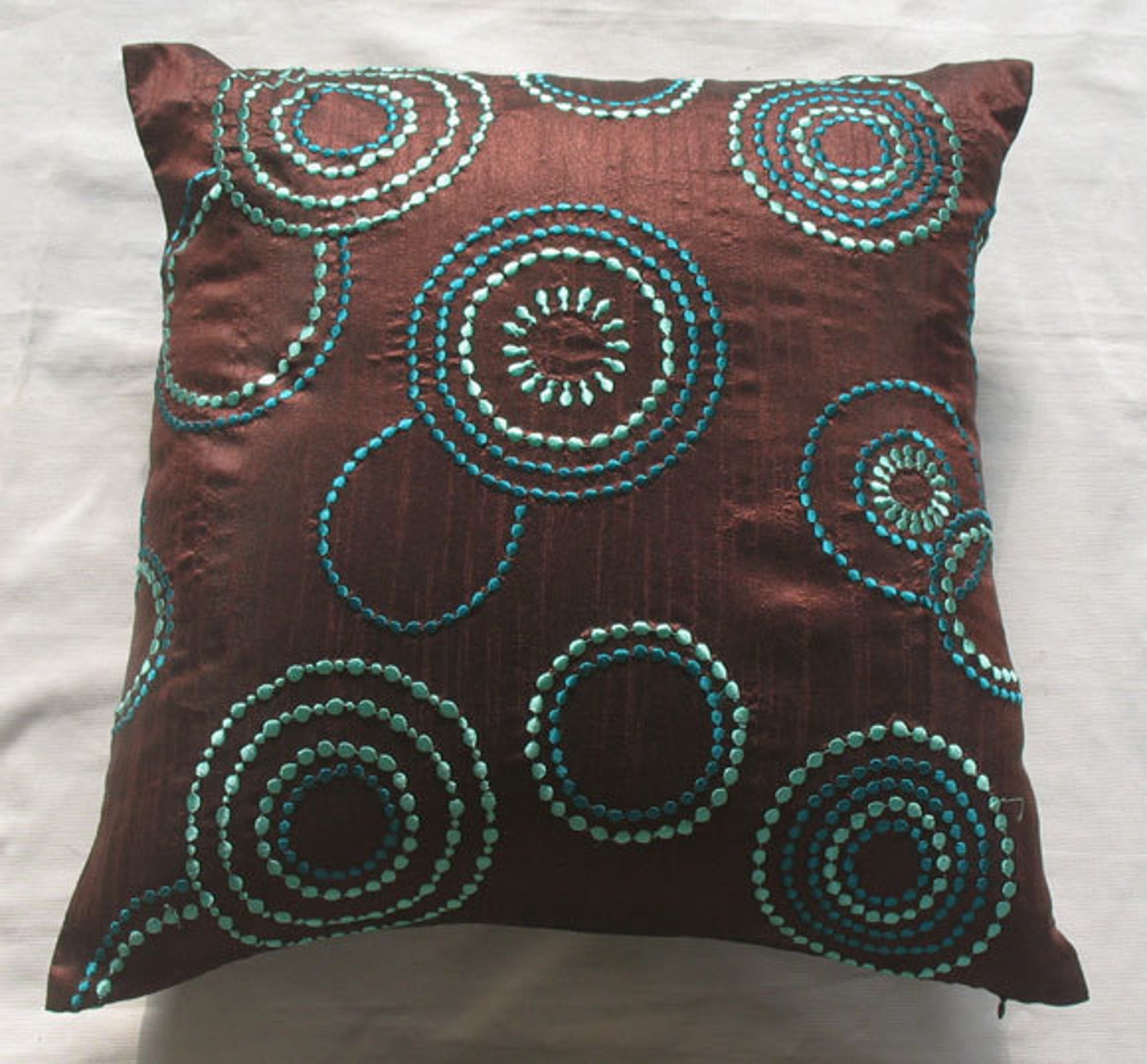 Brown Throw Pillow Embroidered With Teal Blue and Aqua Blue Etsy