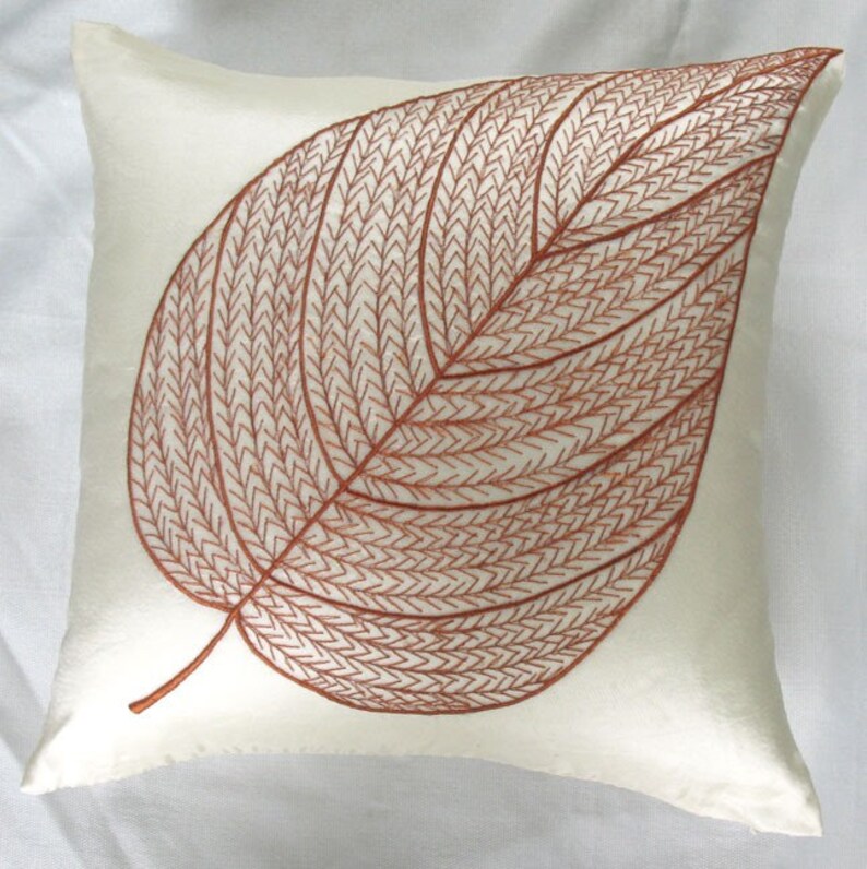 Off white throw pillow cover with brown leaf embroidery satin Etsy