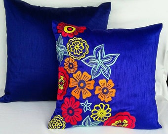 Royal Blue, orenge and cream  floral pillows. Decorative cushion covers. Sammer decor. Custom made.
