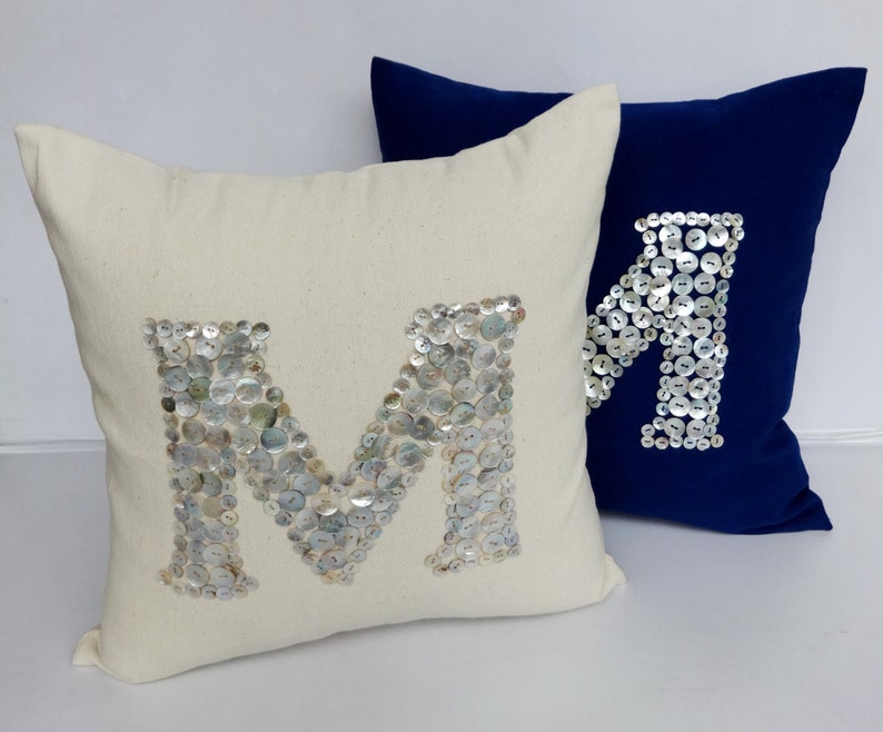 Pearl Button monogrammed cream pillow 18 inches choose your own colors Custom Made image 2