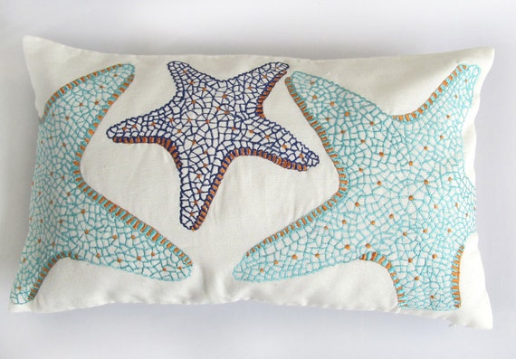 Starfish pillow coastal pillows Aqua aqua blue coral fan pillow, coastal