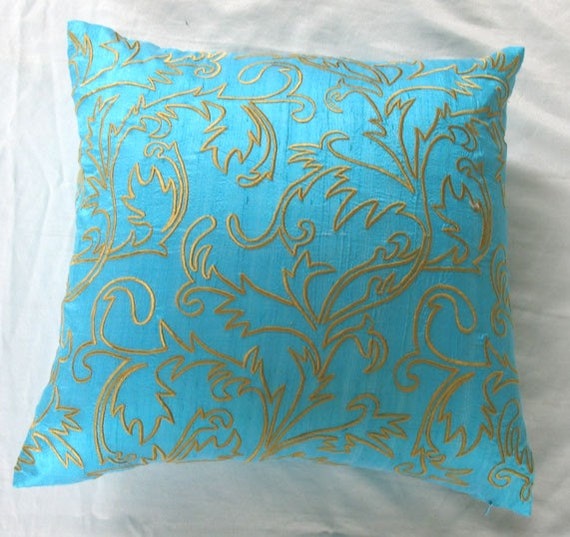 Turquoise Pillow Cover With Moroccan/marakesh Inspired Golden Etsy