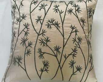 cream decorative  pillow cover with dark green bamboo embroidery  design.  silk Pillow. 16x16 to 22x22 Inches. custom Made