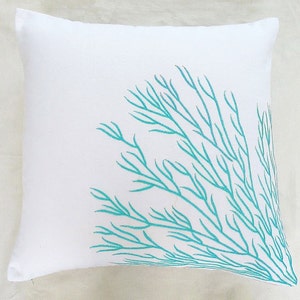 White and aqua blue coral pillow  coral trellis pillow Custom made
