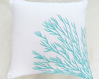 White and aqua blue coral pillow  coral trellis pillow Custom made