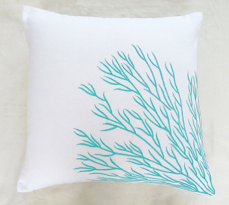 White and aqua blue coral pillow coral trellis pillow Custom made image 1