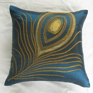 teal blue throw pillow cover with peacock feather embroidery. decorative cushion cover.16 to 20 inches