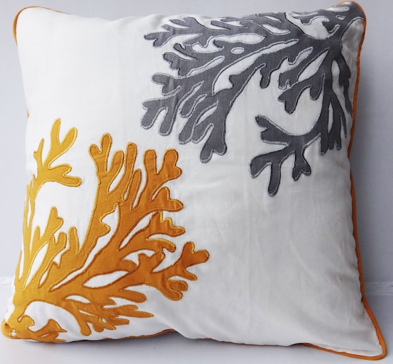Coral Reef Pillows Mustard And Gray Decorative Coral Cushion Etsy