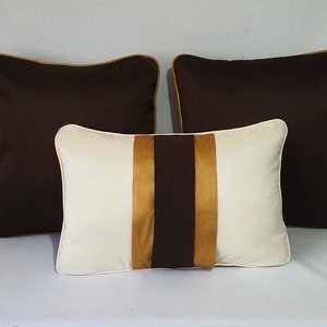off white lumbar pillow with brown and mustard panels, silk colour block pillow cover cream oblong cushion. Custom made.12x16 to12 x24 inch image 1