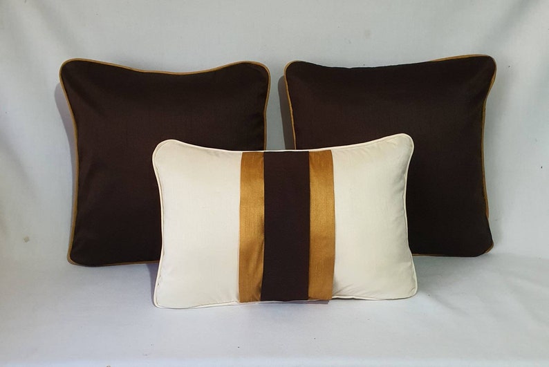 off white lumbar pillow with brown and mustard panels, silk colour block pillow cover cream oblong cushion. Custom made.12x16 to12 x24 inch image 1