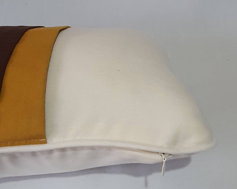 off white lumbar pillow with brown and mustard panels, silk colour block pillow cover cream oblong cushion. Custom made.12x16 to12 x24 inch image 3