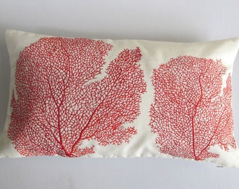 red coral pillow cover. Oblong coastal coral fan cushion cover, Decorate beach decor. custom made.12x16 to 12x22 inches