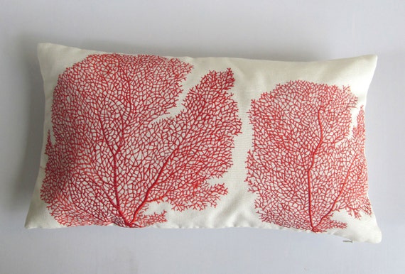Red Coral Pillow Custom Made Off White With Red Coral Fan Etsy