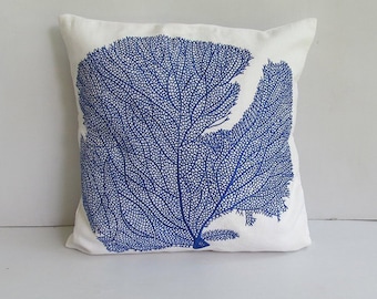 Cobalt blue coral  pillow cover, coastal pillows, white and Navy blue nautical decor, beach lovers pillow.  Costom made. 16 to 20 inches.