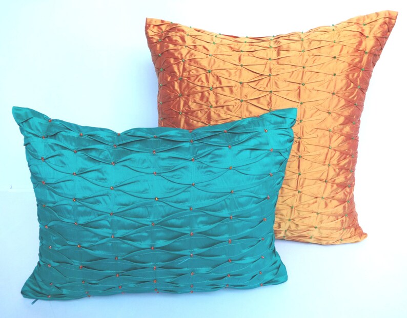 Golden Orange Silk Throw Pillow With Pintucks and Beadwork Etsy New