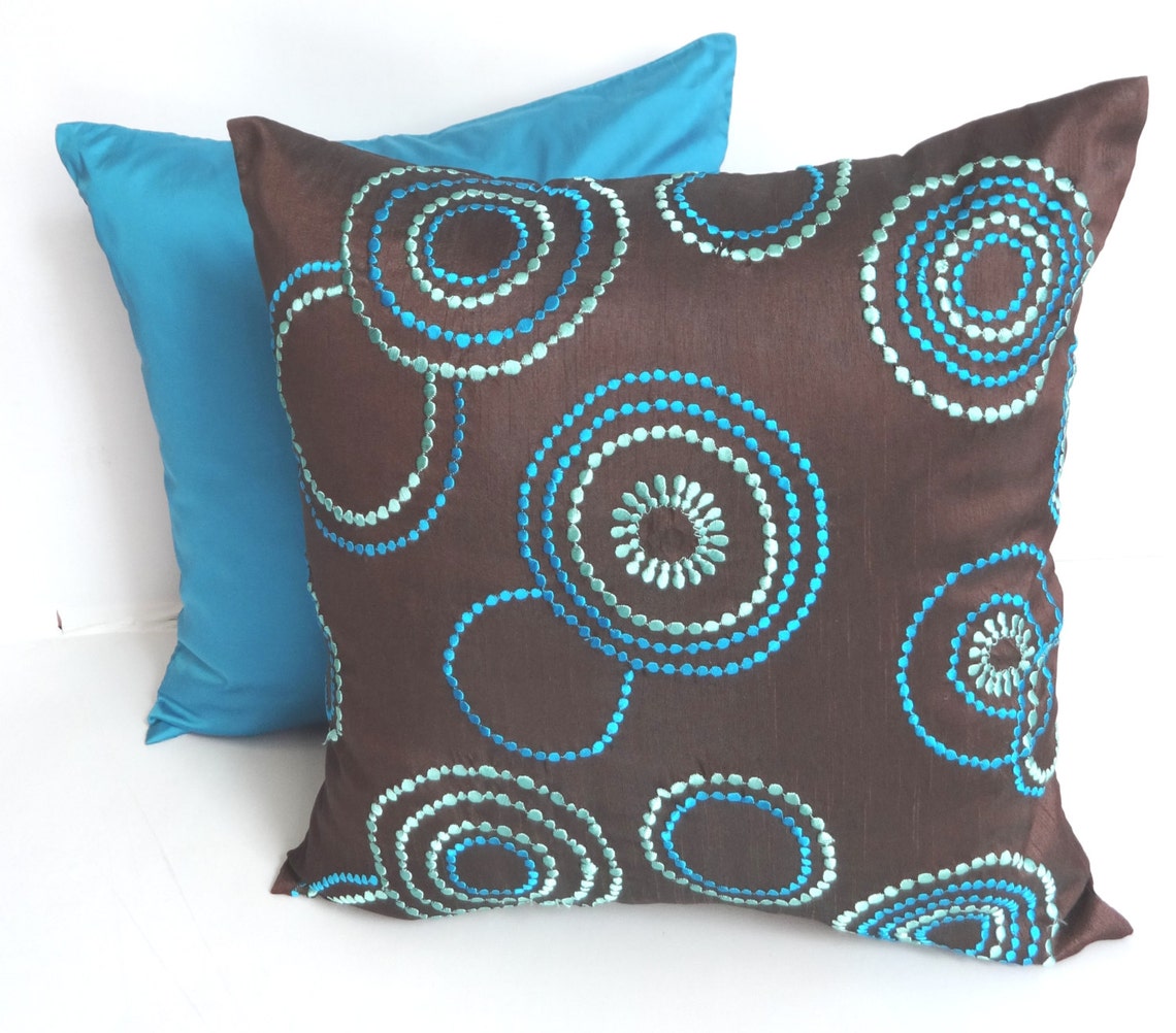 Brown Throw Pillow Embroidered With Teal Blue and Aqua Blue Etsy