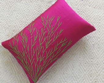 Fuchsia Pink and lime green coral pillow Dupioni silk oblong cushion cover with lime green or choice of your colour embroidery. custom  made