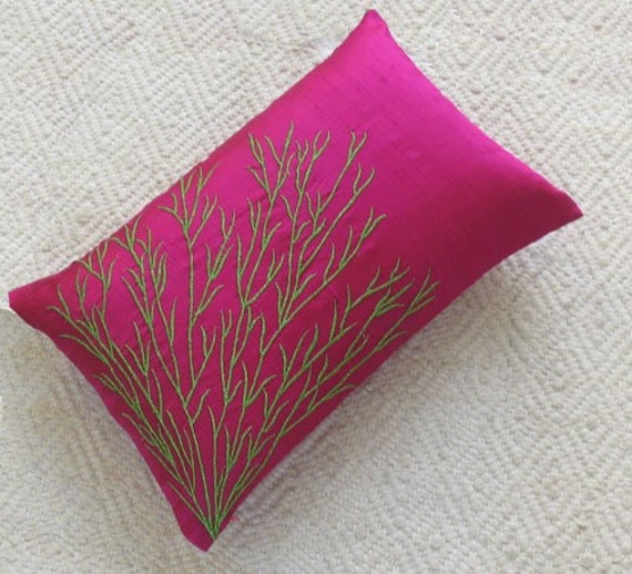 Fuchsia Pink and Lime Green Coral Pillow Dupioni Silk Oblong Cushion Cover  With Lime Green or Choice of Your Colour Embroidery. Custom Made 