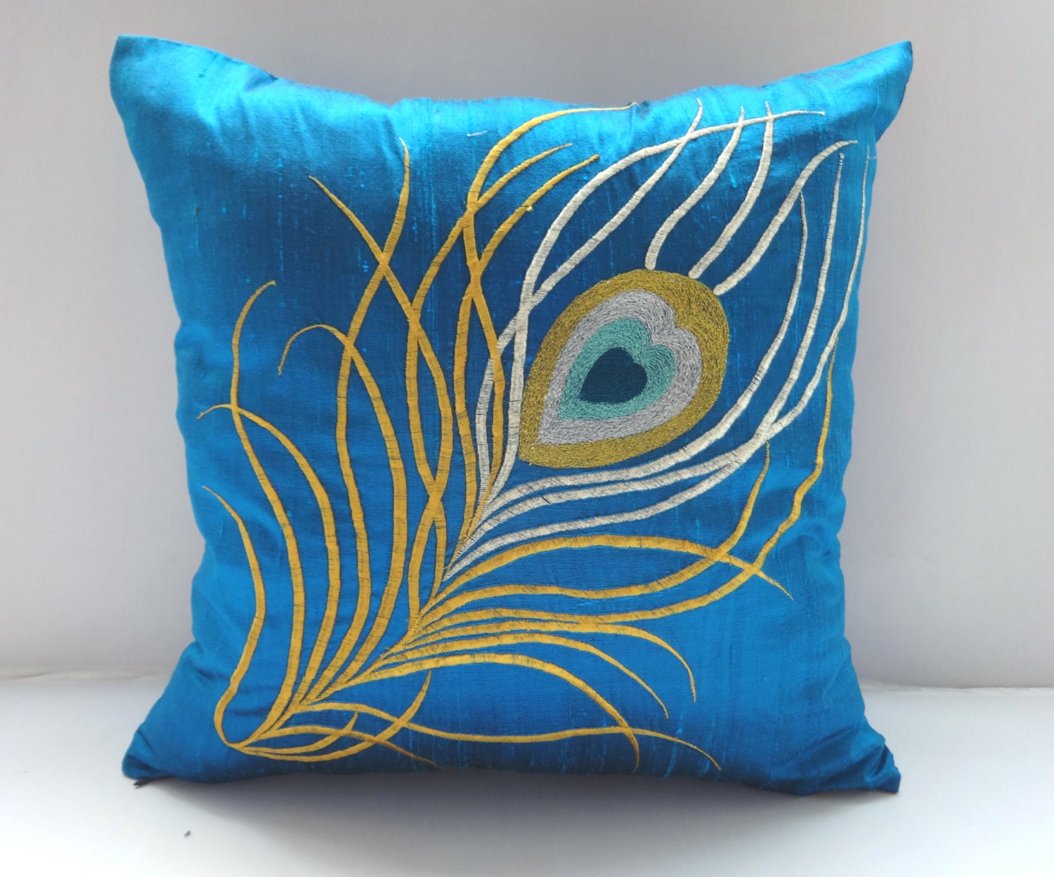 teal blue peacock pillow cover 16 inch peacock feather pillow Etsy