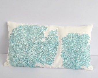 aqua blue coral embroidery in off white costal pillow Custom made cushion covers, nautical themed oblong pillow. Custom made.