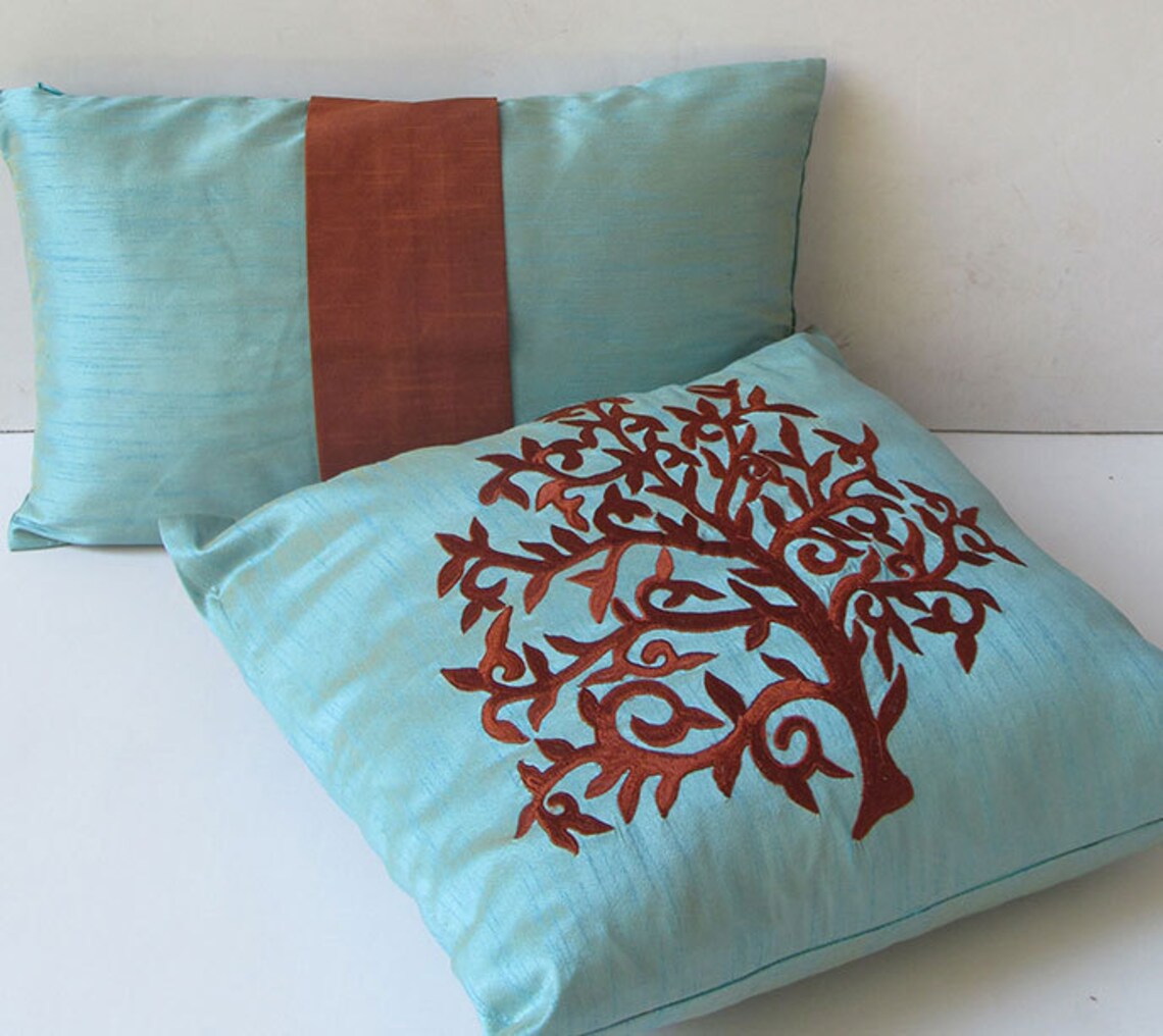 Light blue decorative pillow cover with brown tree embroidery Etsy